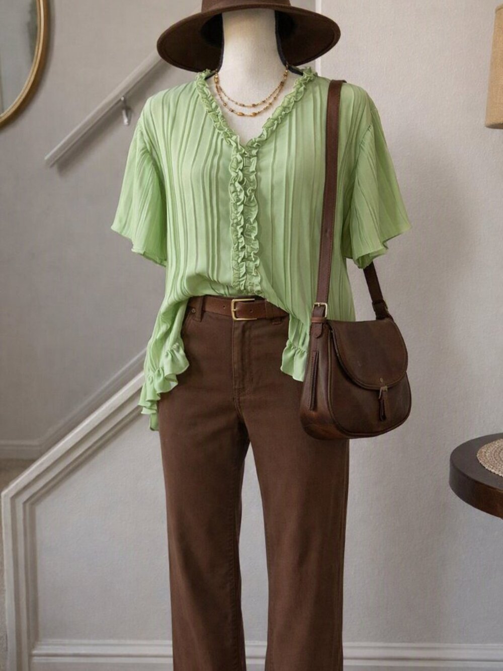 Silhouette Light Green Pleated Ruffled Hidden Buttons Top Blouse Size 1X